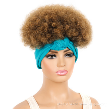 Hot Selling  Honey Blonde Fluffy Afro Short Kinky Curly Turban Wigs With Headband Attached For Black Women Synthetic Hair Wigs